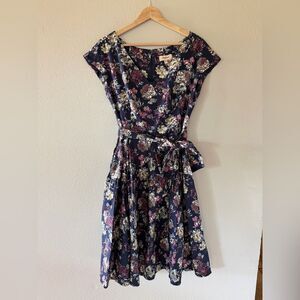 Timeless London Navy Floral Fit and Flare A Line Midi Classic Dress Size 8